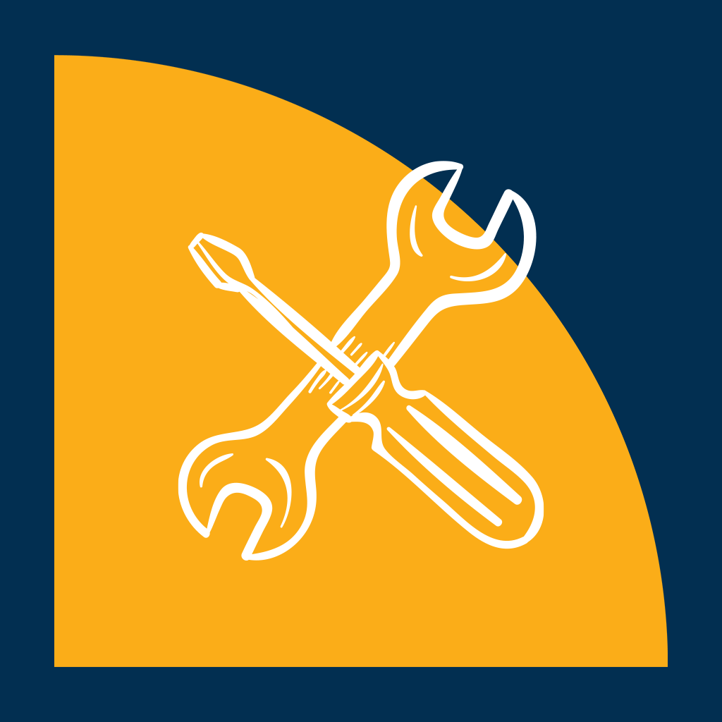 White outline of a wrench and screwdriver crossed over each other on an orange background with a blue border