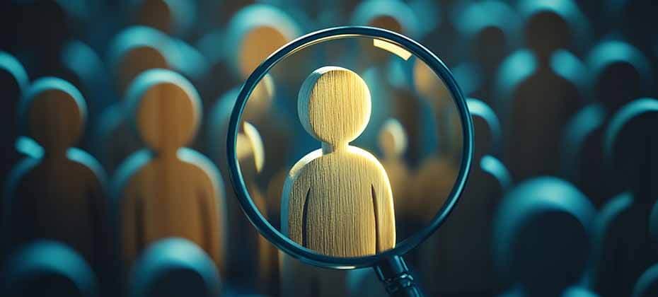 Magnifying glass highlighting a wooden figure among many symbolizing credit enquiries and their impact on credit reports