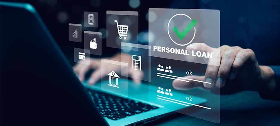 Person using a laptop with digital interface showing personal loan approval for paying off credit card debt