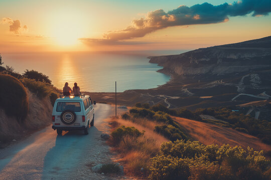 Two people on a van roof watching a coastal sunset, with cliffs and ocean in view