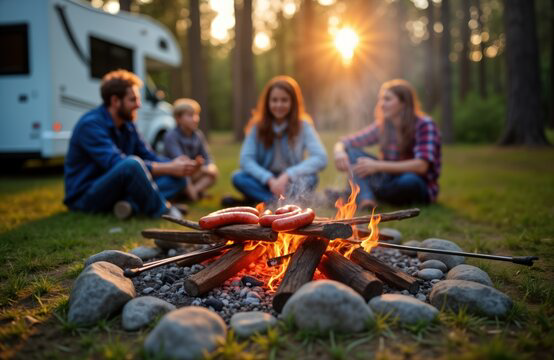 Four people around a campfire cooking sausages, with a forest, RV, and sunset in the background