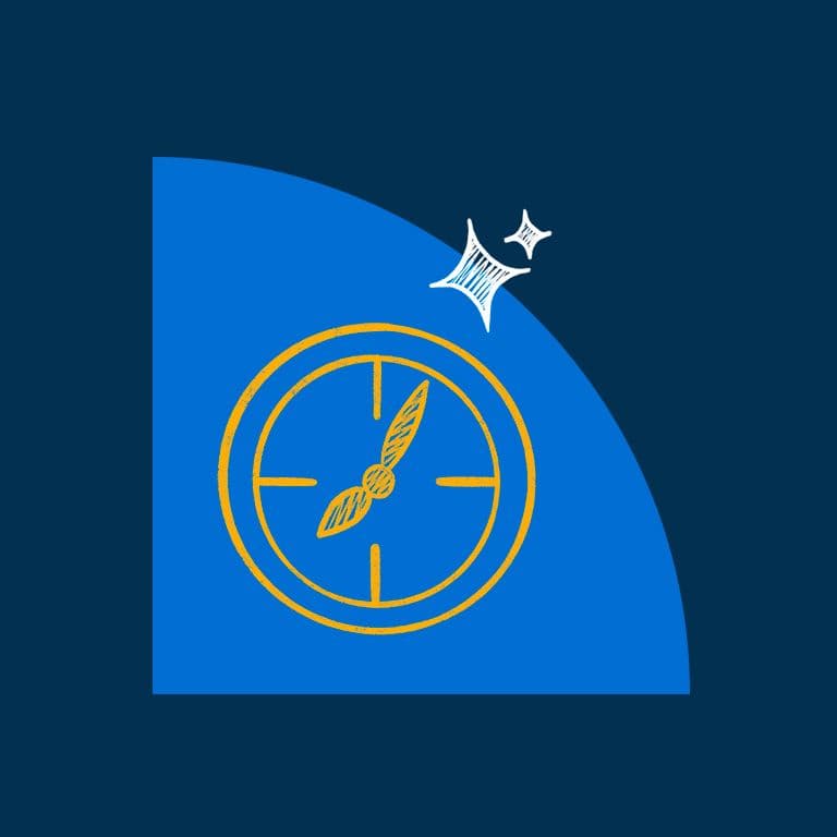 White outline of a wrench and screwdriver crossed over each other on an orange background with a blue border