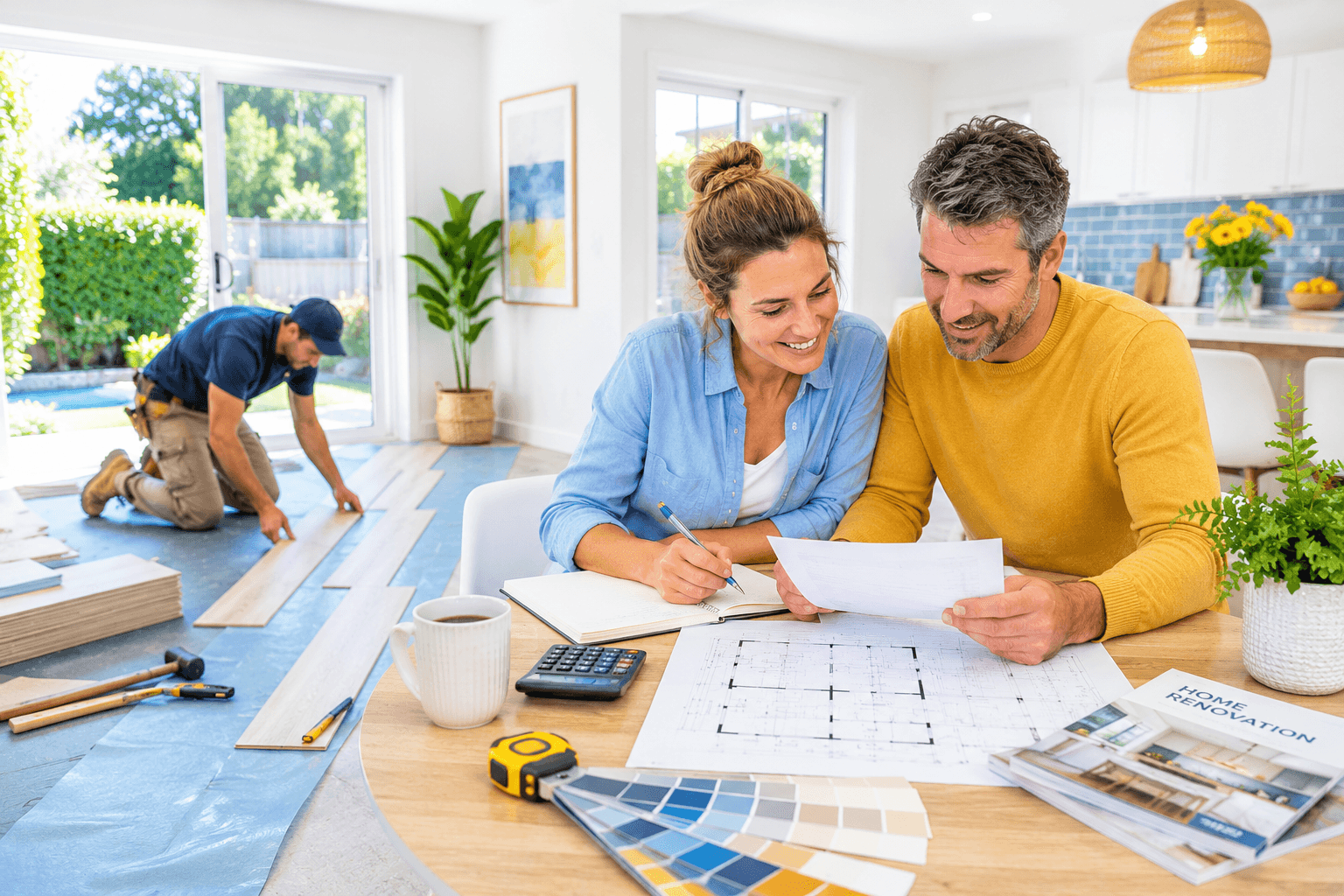 Australian homeowners planning a renovation budget.Kitchen renovation with updated cabinetry and appliances.