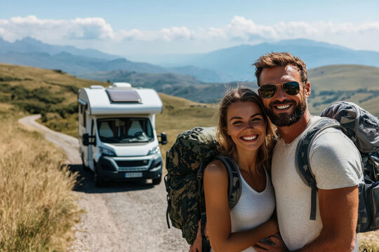 Two people with backpacks on a dirt road near a white camper van, with hills and mountains in the background