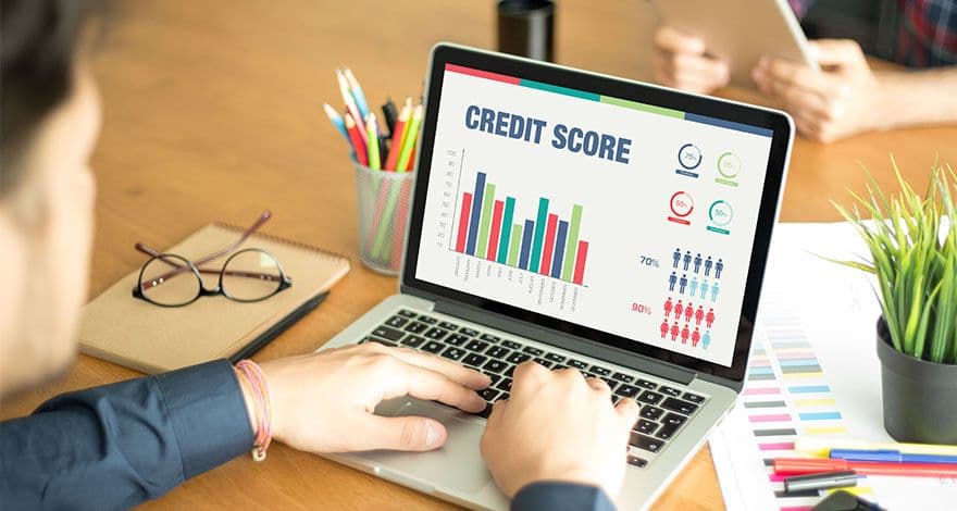 Person reviewing a credit score report on a laptop at a wooden desk, with bar graphs, pie charts, and percentages visible on screen
