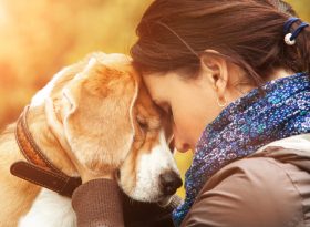 Woman resting on dog's head