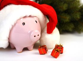 Santa hat on piggy bank