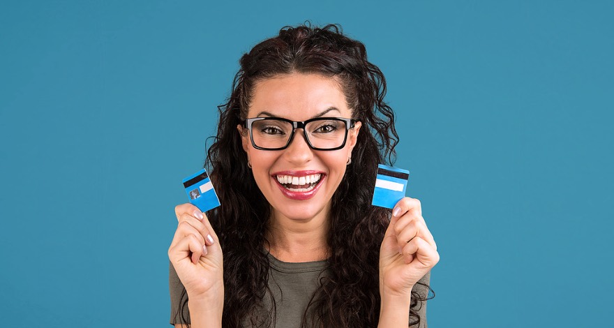 Woman with credit card cut into two