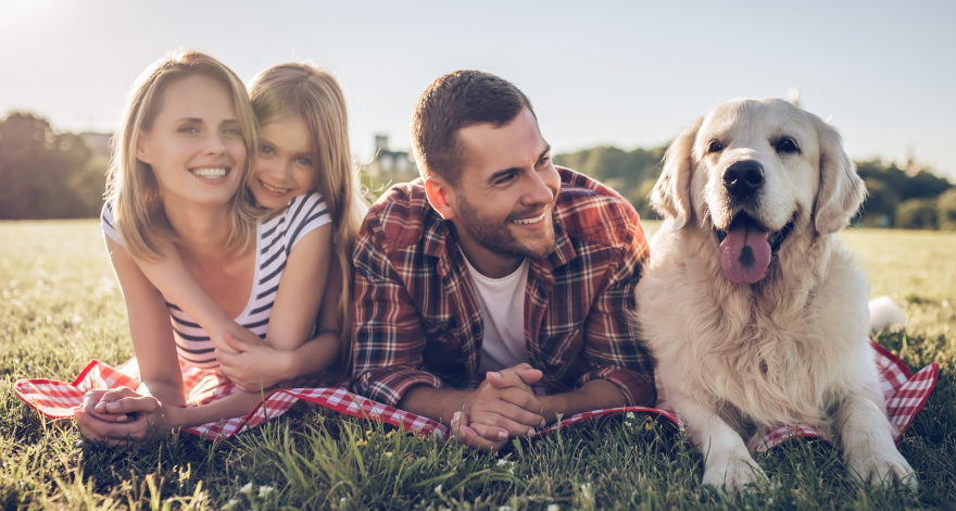 Family with dog lying down on grass